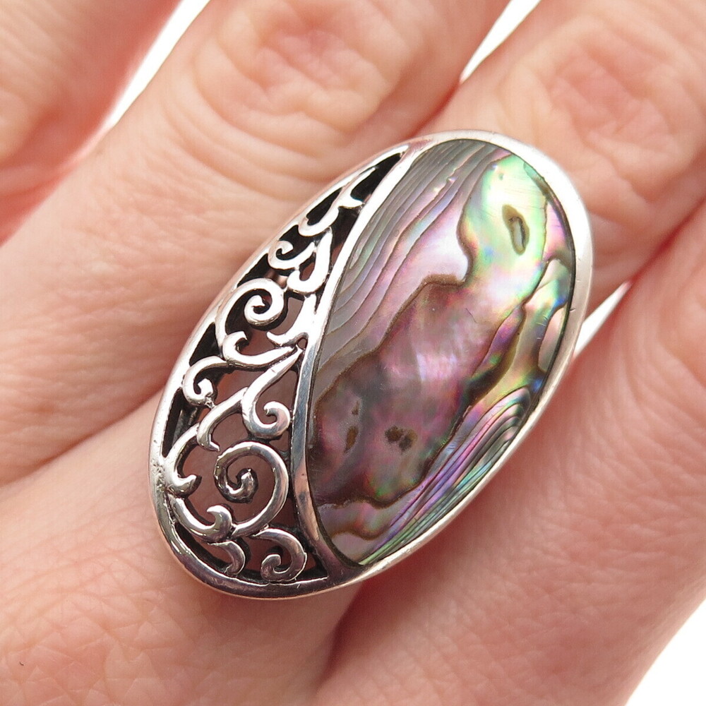 Collins Fine Jewelry Sterling Vintage Real Abalone Shell Ornate Ring Size 6.75